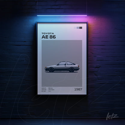 quadro com arte minimalista retratando o carro Toyota AE 86 em uma moldura preta, mostrando detalhes técnicos ao lado