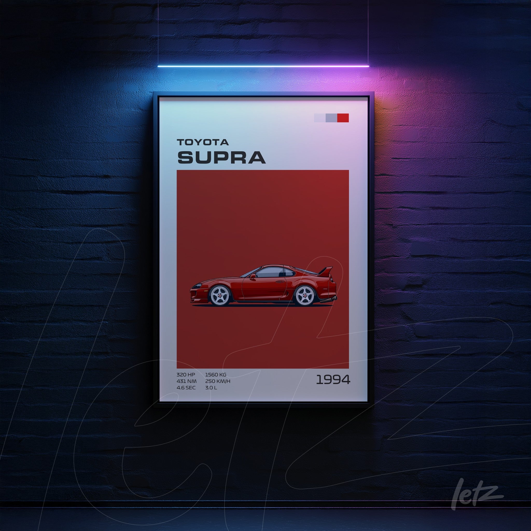 quadro com arte digital do carro Toyota Supra em fundo vermelho, com moldura preta e detalhes estilizados