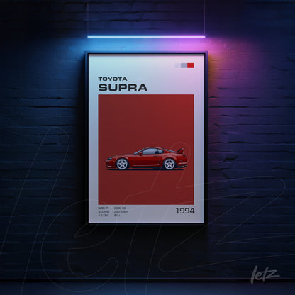 quadro com arte digital do carro Toyota Supra em fundo vermelho, com moldura preta e detalhes estilizados