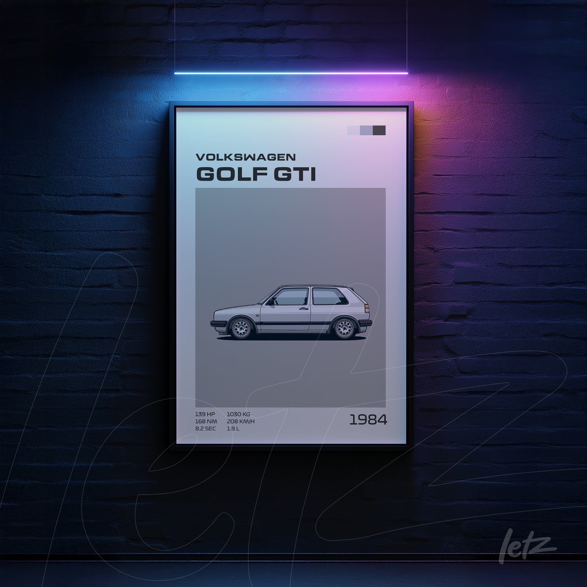 quadro com ilustração minimalista do Volkswagen Golf GTI em moldura preta sobre parede de tijolos escuros