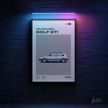 quadro com ilustração minimalista do Volkswagen Golf GTI em moldura preta sobre parede de tijolos escuros