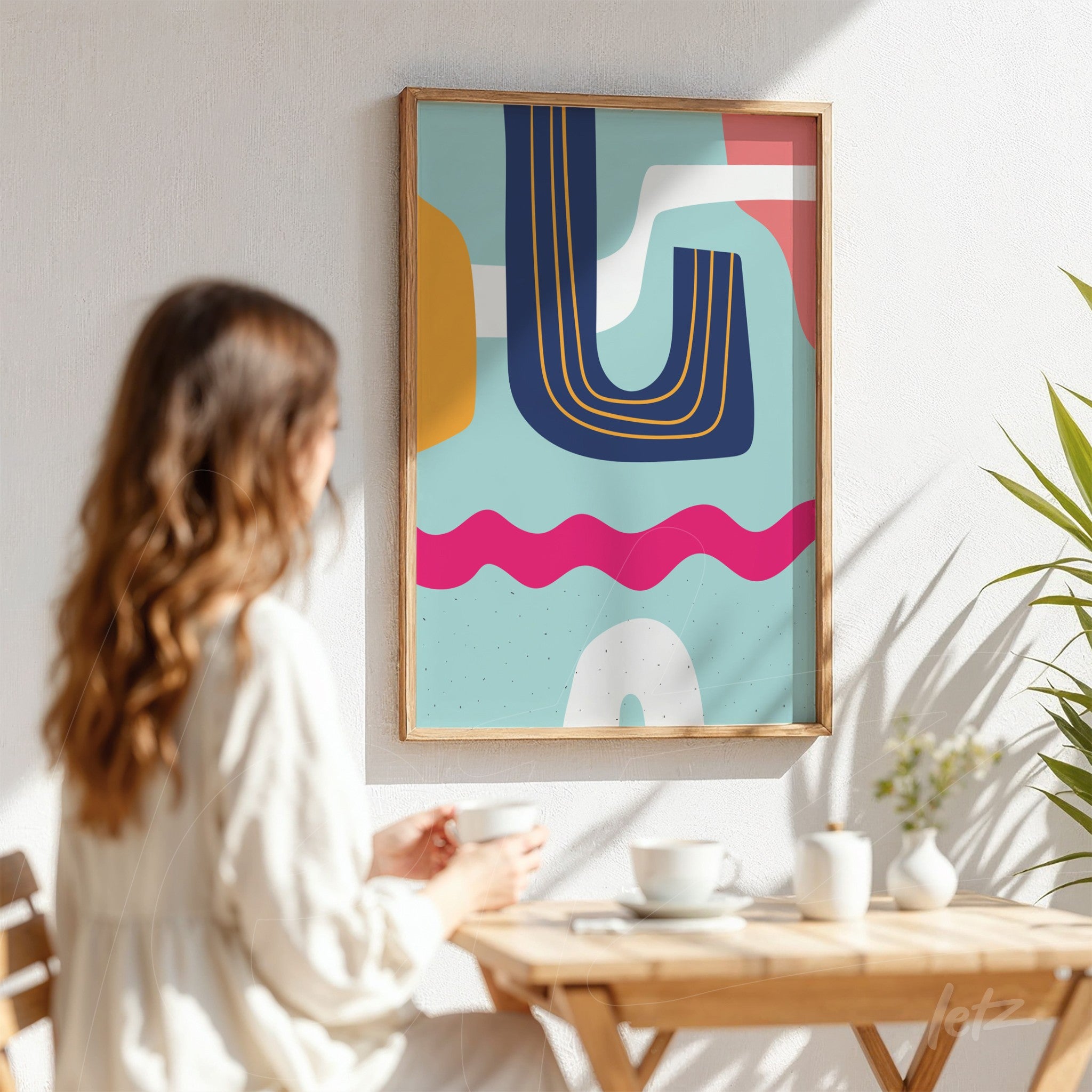 ```json
{
  "alt": "quadro com arte abstrata boho em cores vibrantes exibido em moldura de madeira clara sobre parede branca",
  "alt_en": "boho abstract art in vibrant colors displayed in a light wood frame on a white wall"
}
```