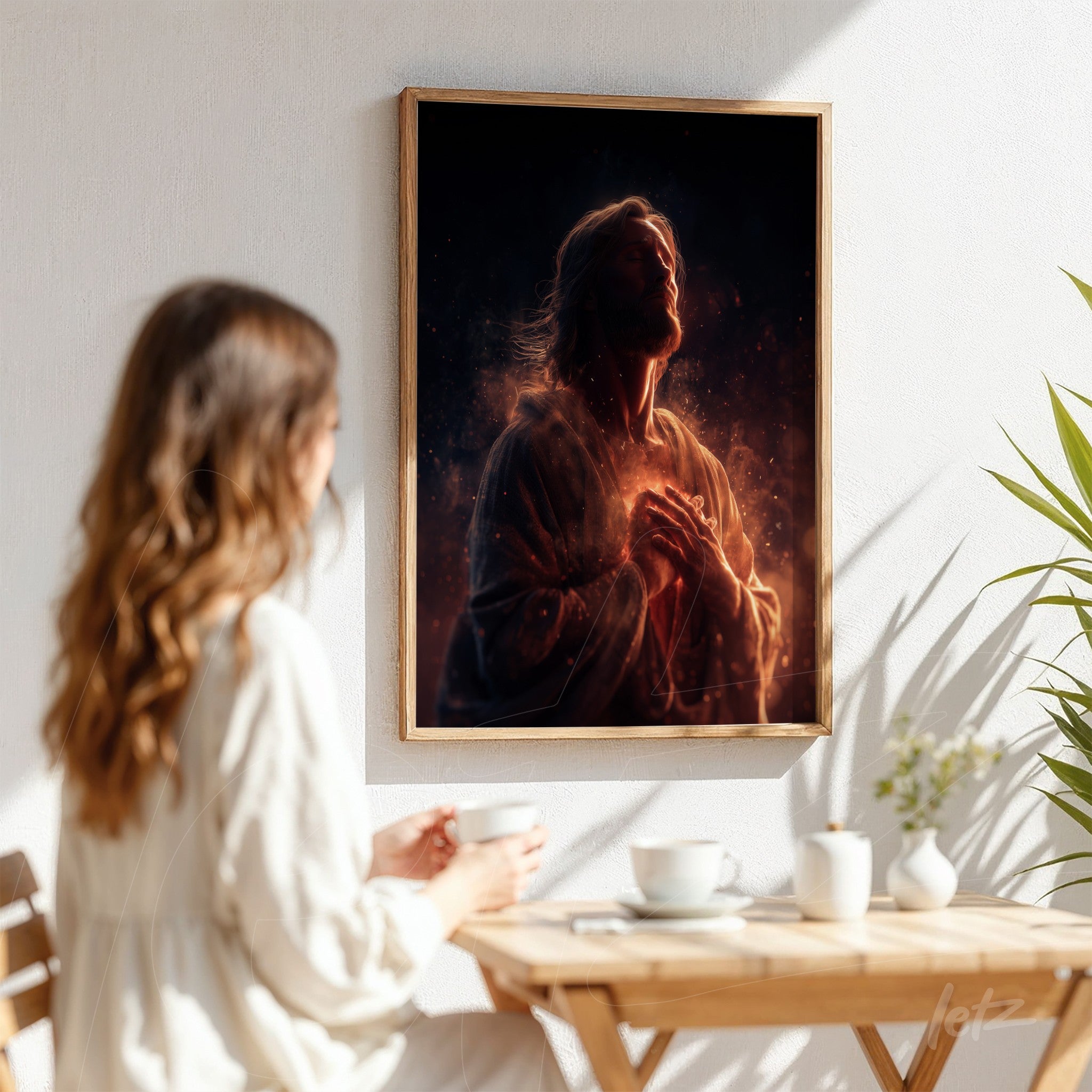 quadro com arte religiosa de figura contemplativa em fundo escuro, emoldurado em madeira clara, exposto sobre parede branca