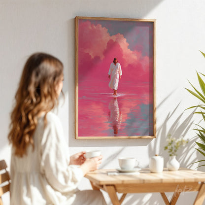 quadro com arte digital de figura humana caminhando sobre água reflexiva em fundo rosa suave, moldura de madeira clara