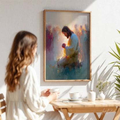 quadro com arte abstrata de Jesus em prece, moldura de madeira clara, exposto em parede clara com sombra suave