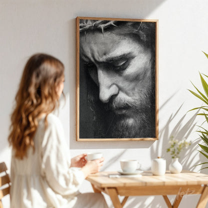 quadro em preto e branco com retrato de Cristo em moldura de madeira clara exibido em ambiente aconchegante