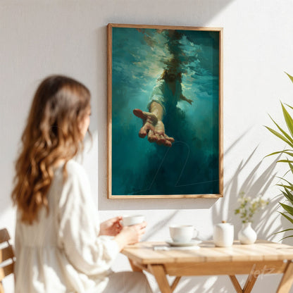quadro em moldura de madeira clara com a imagem de uma mão se estendendo embaixo da água, fundo azul profundo e iluminação suave