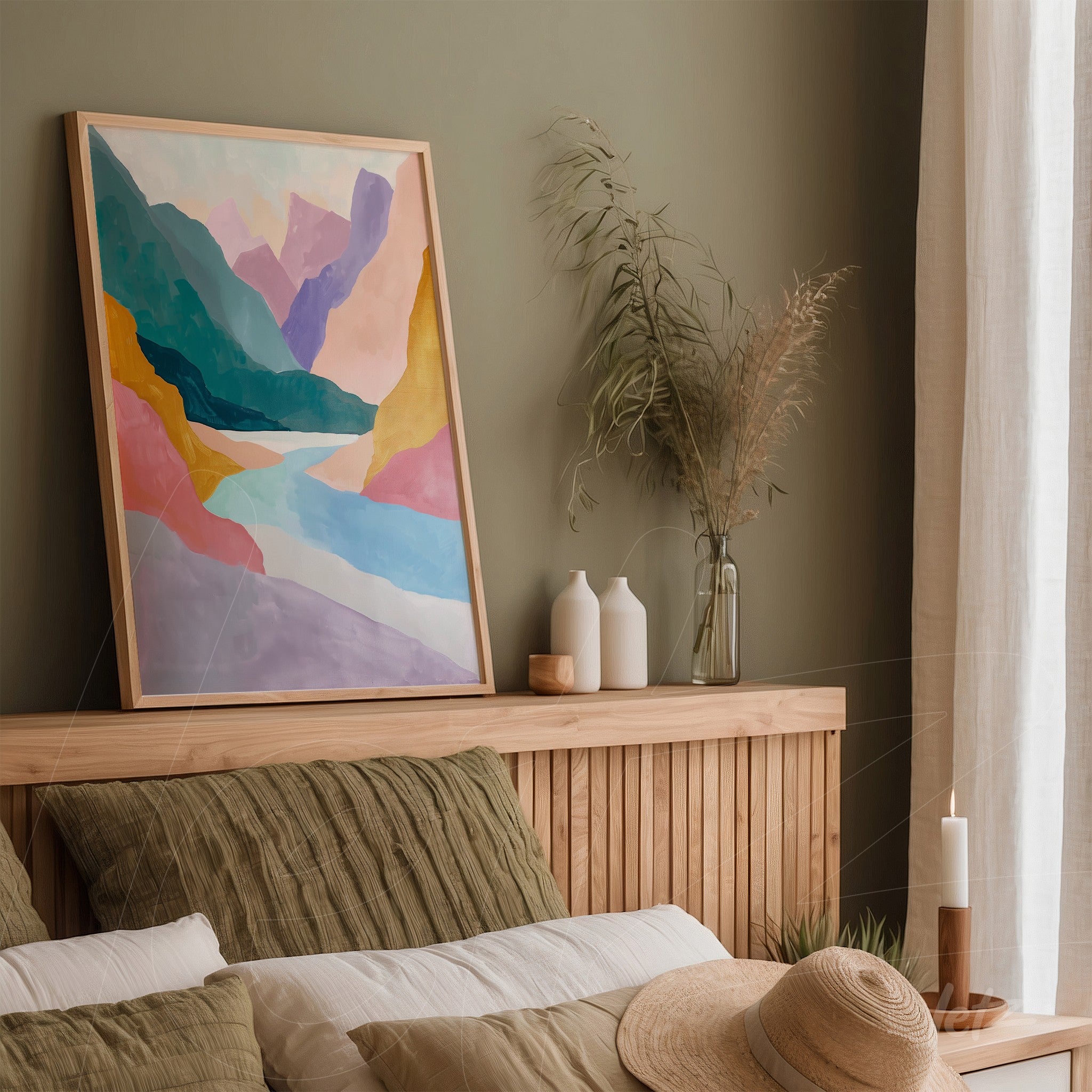 quadro com arte abstrata em tons suaves de rosa, azul e amarelo em moldura de madeira clara, apoiado em prateleira ao lado de vasos decorativos e plantas