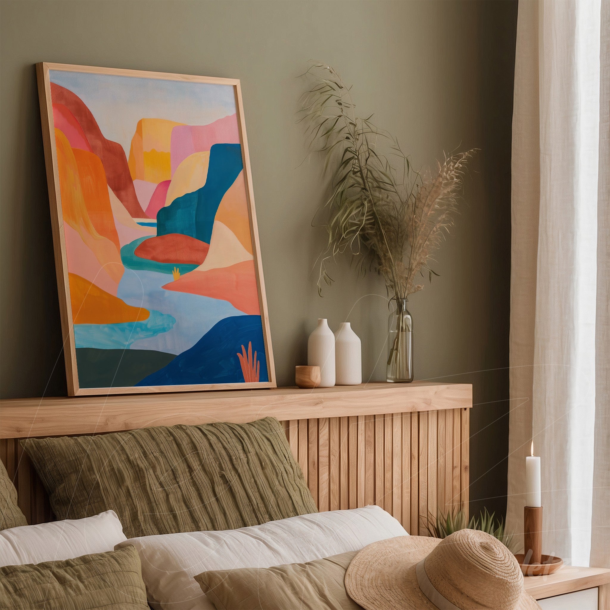 quadro com arte abstrata em tons quentes de paisagens montanhosas em moldura de madeira clara