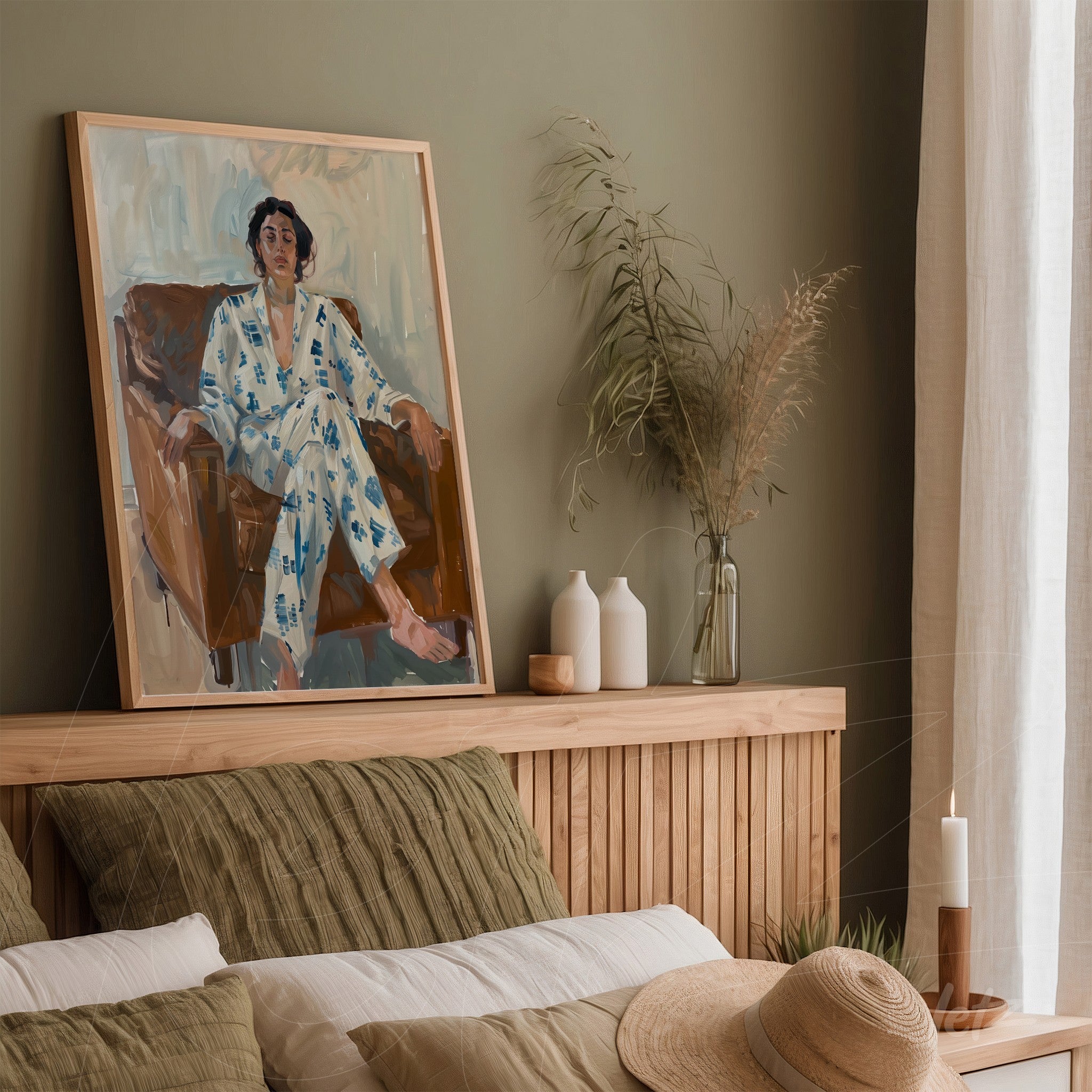 quadro emoldurado com retrato de homem sentado em sofá, vestindo pijama estampado, parede verde ao fundo