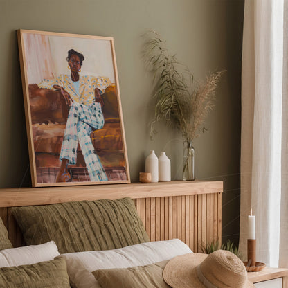 quadro com retrato de mulher sentada em moldura de madeira clara, apoiado em cabeceira de cama com colchas verdosas