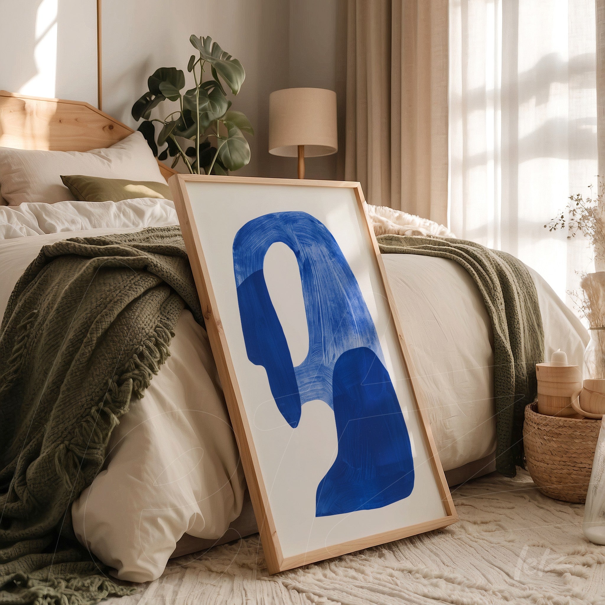 quadro com arte abstrata em azul e branco em moldura de madeira clara, apoiado na cama com colcha verde