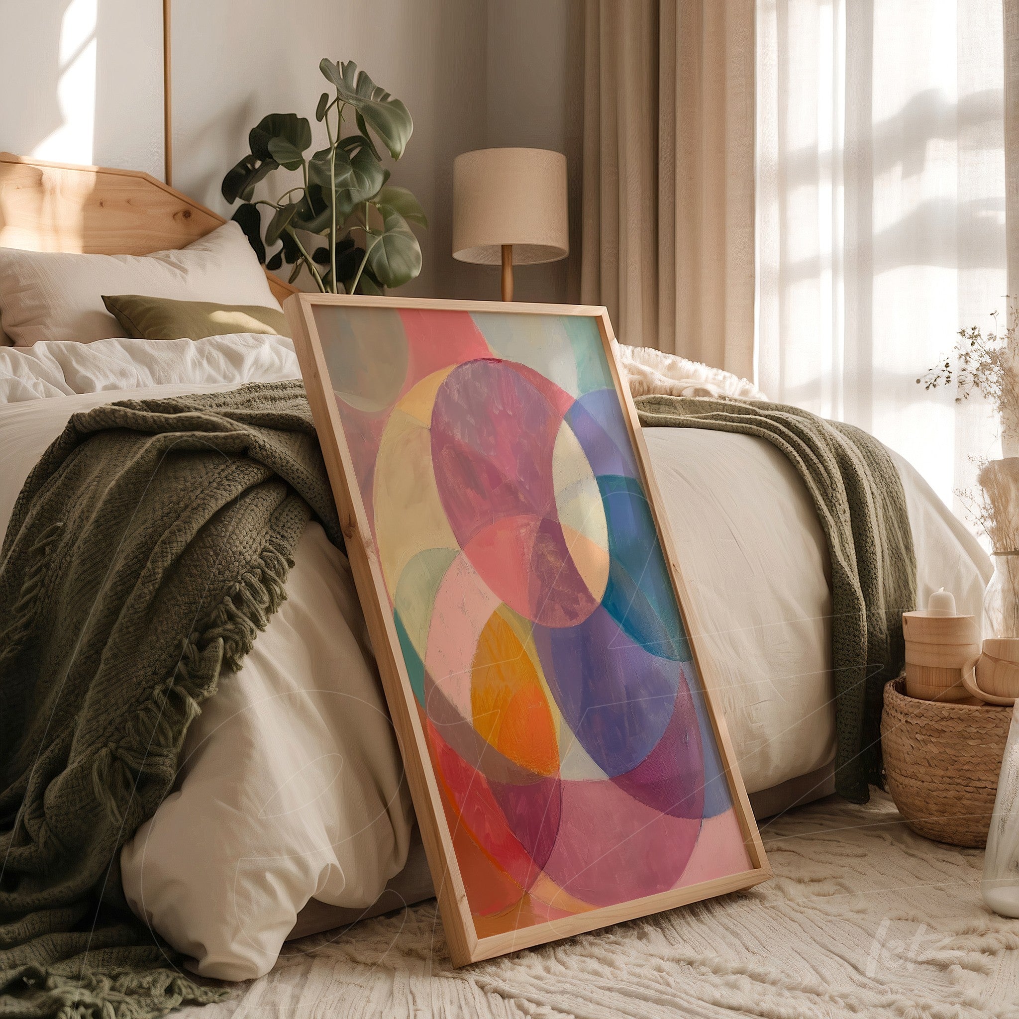 quadro com arte abstrata em tons de rosa, roxo e amarelo apoiado na cama, em moldura de madeira clara