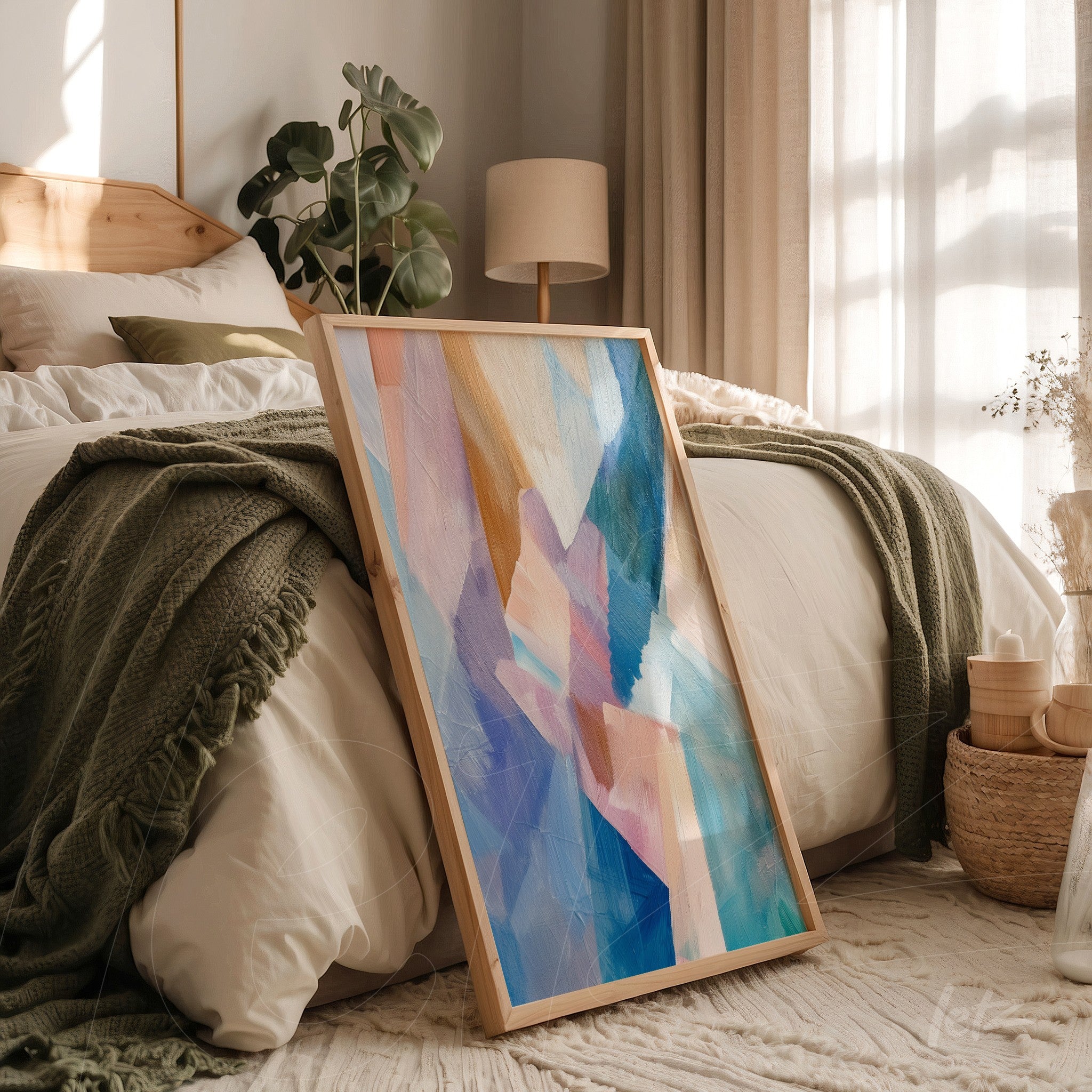 quadro artístico com composição abstrata em cores suaves apresentado em moldura de madeira clara sobre cama com lençóis brancos