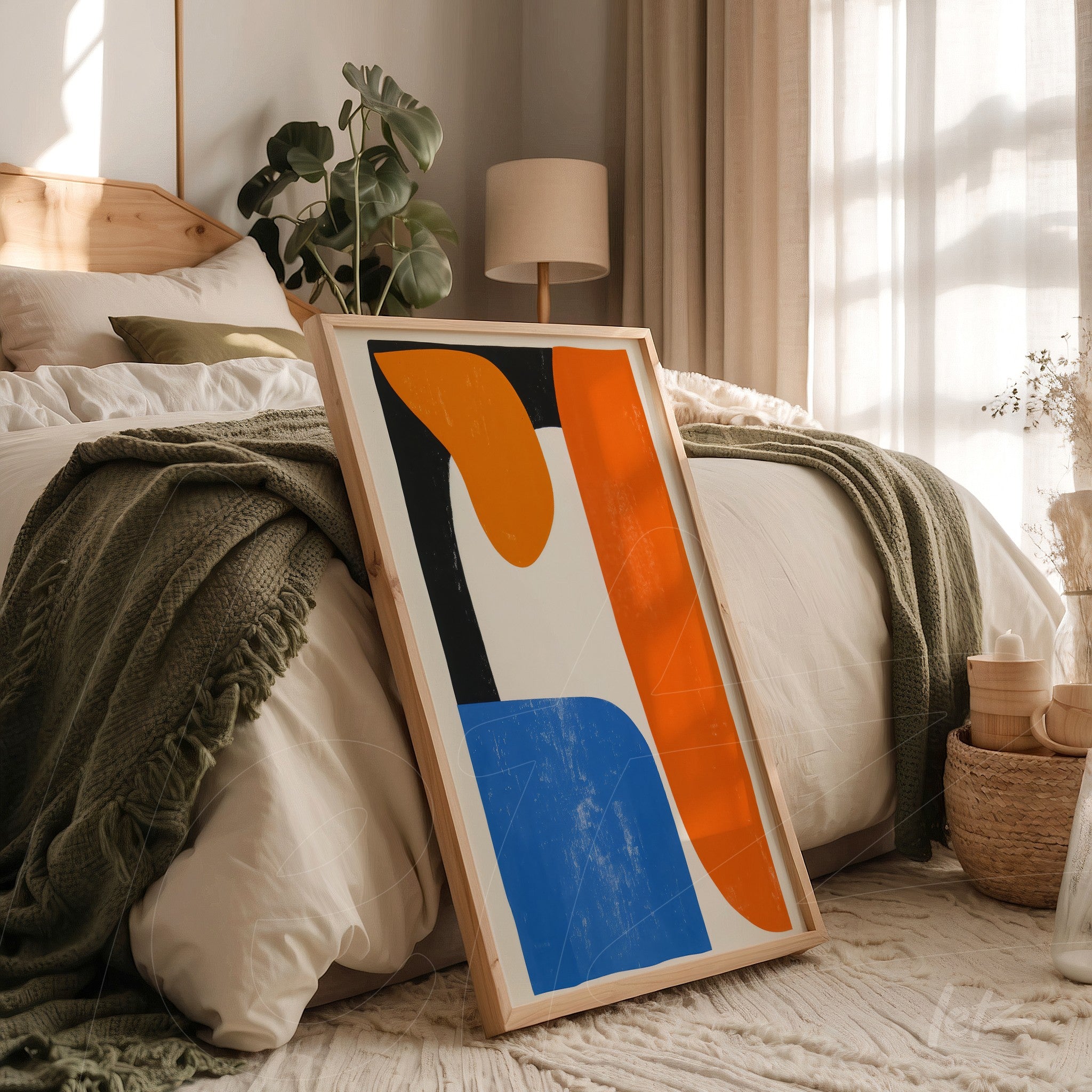 quadro com arte abstrata em tons vibrantes de laranja, azul e preto em moldura de madeira clara, apoiado em cama com lençóis claros
