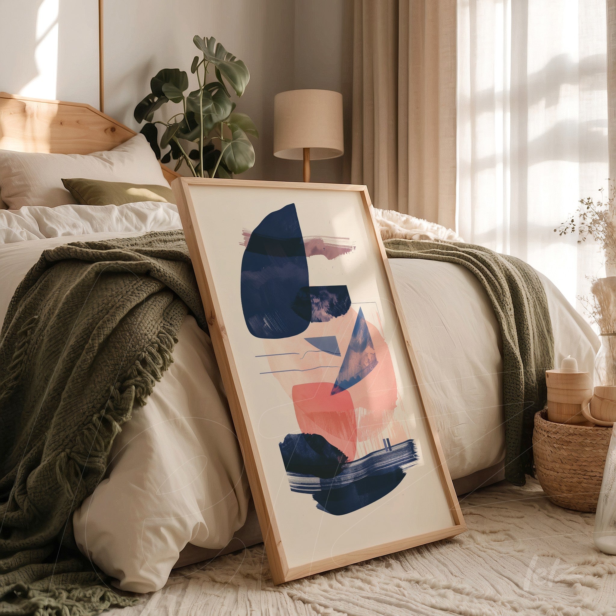 quadro com arte abstrata em feminilidade nas cores rosa, azul e nude, apoiado sobre cama com decoração minimalista