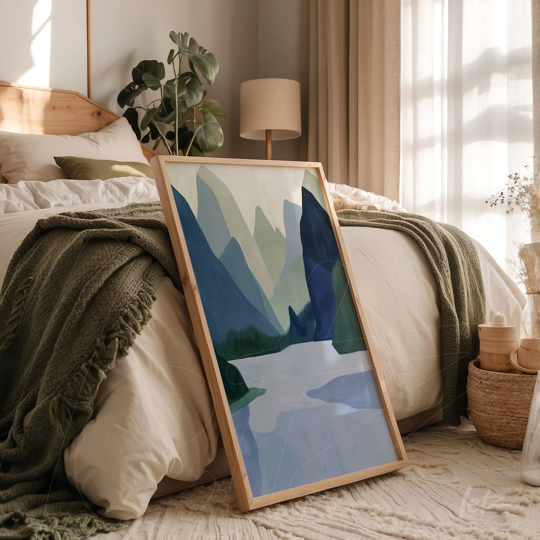 quadro em moldura de madeira com arte abstrata de montanhas em tons de verde e azul, apoiado ao lado da cama em quarto com luz suave