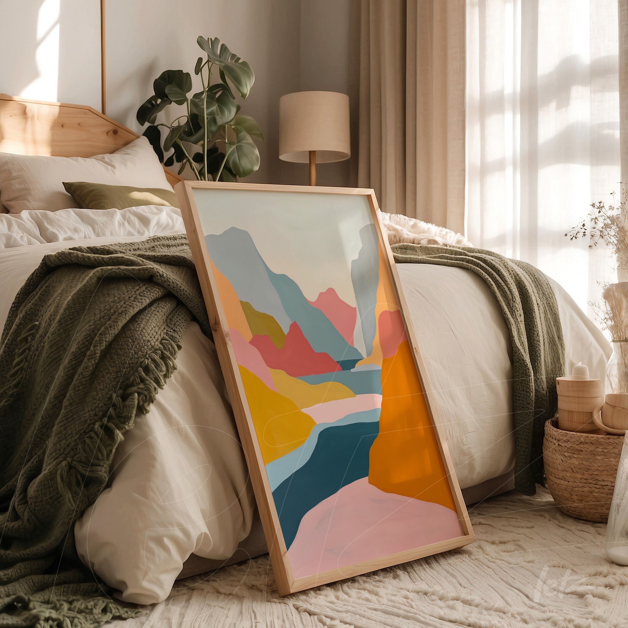 quadro de arte abstrata com tonalidades de rosa, azul e amarelo em moldura de madeira clara, apoiado em cama com roupa de cama verde