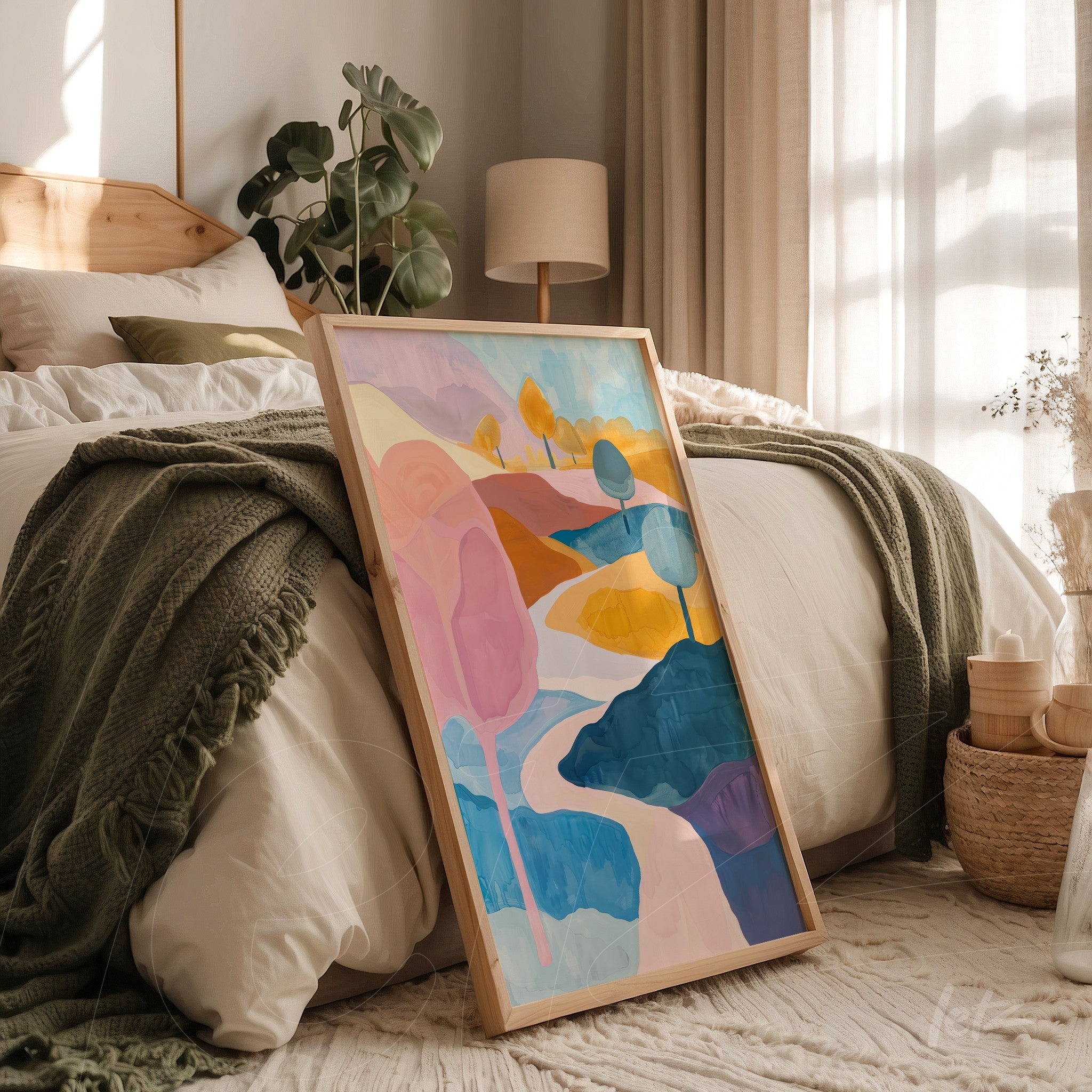 quadro com arte abstrata em tons pastéis sobre cama com roupa de cama clara e moldura de madeira clara