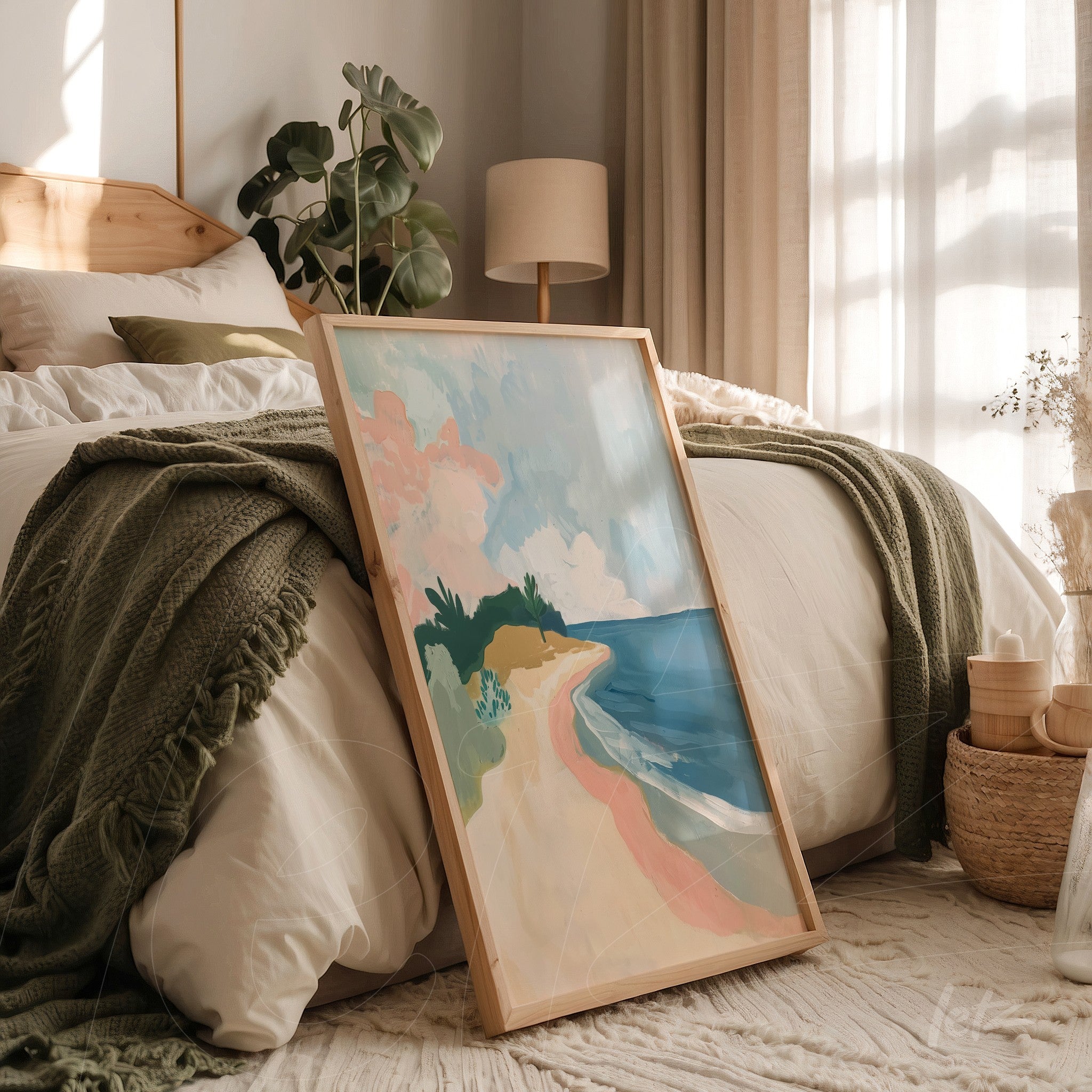 quadro com arte abstrata de praia em moldura de madeira clara, apoiado ao lado da cama em um quarto iluminado