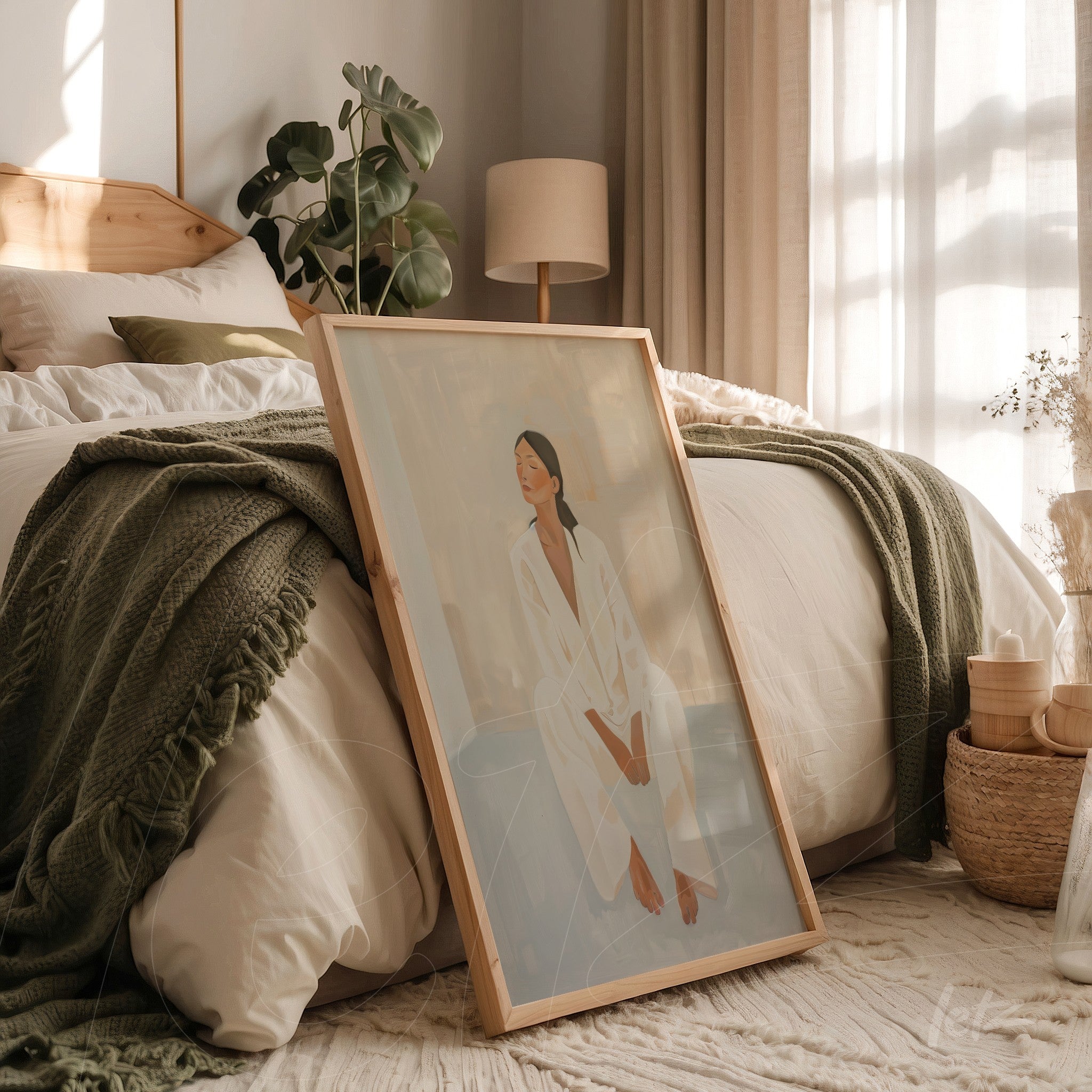 quadro com arte minimalista de mulher sentada em vestido branco em moldura de madeira clara apoiado ao lado da cama em ambiente decorado
