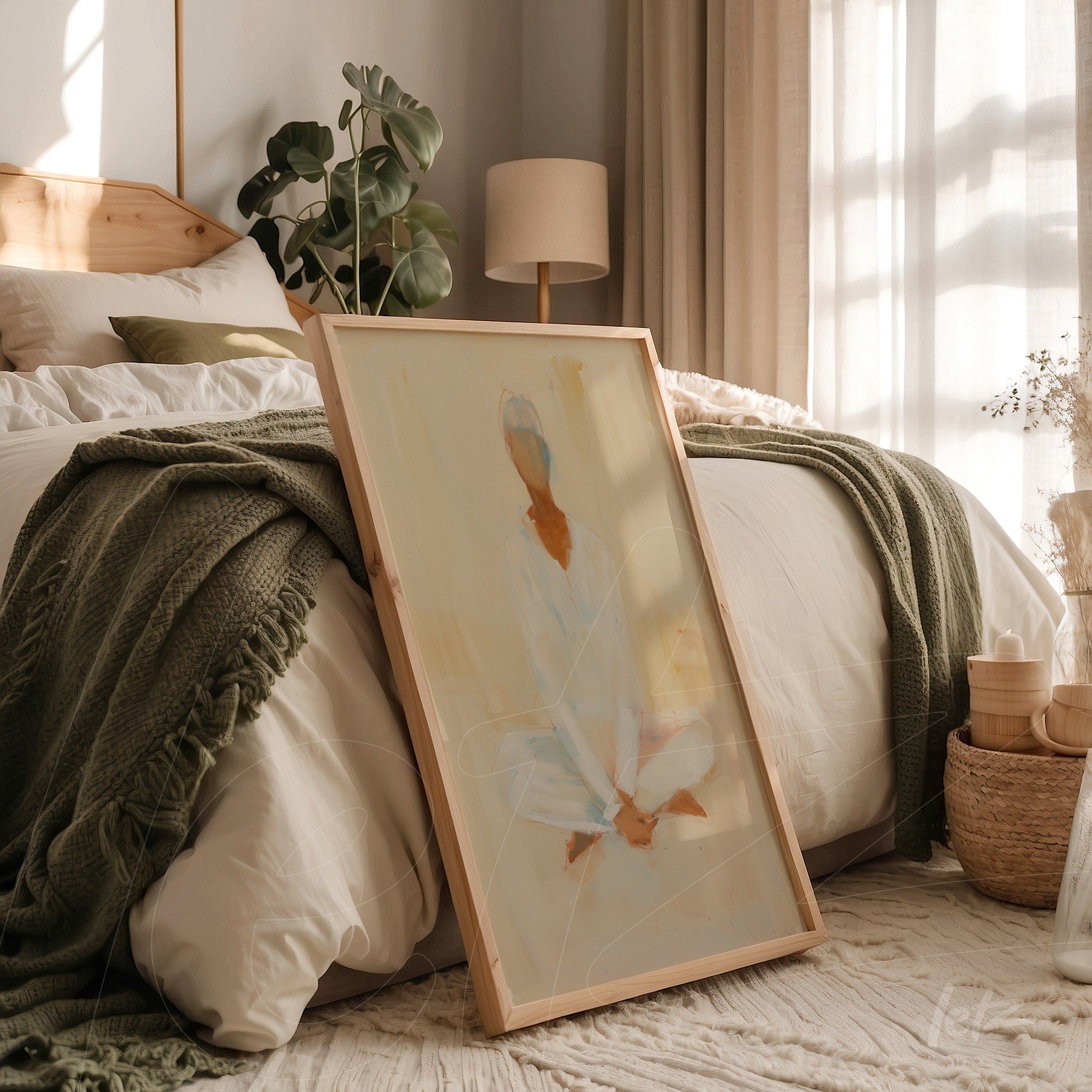 quadro com arte abstrata de uma figura feminina em pose de meditação, exposto em quarto com cama de dossel e decoração minimalista