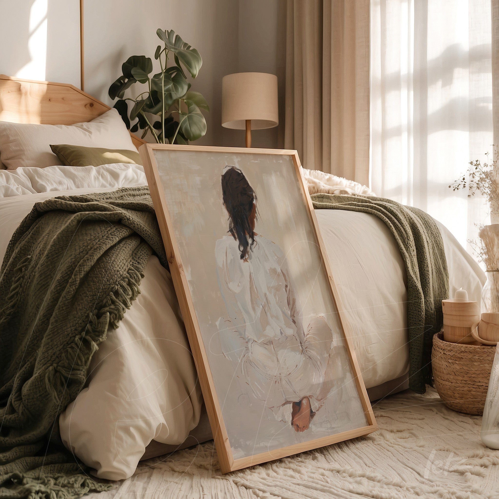 quadro com arte de figura feminina sentada em moldura de madeira clara, apoiado em cama com roupas de cama em tons neutros e ambiente iluminado por luz natural