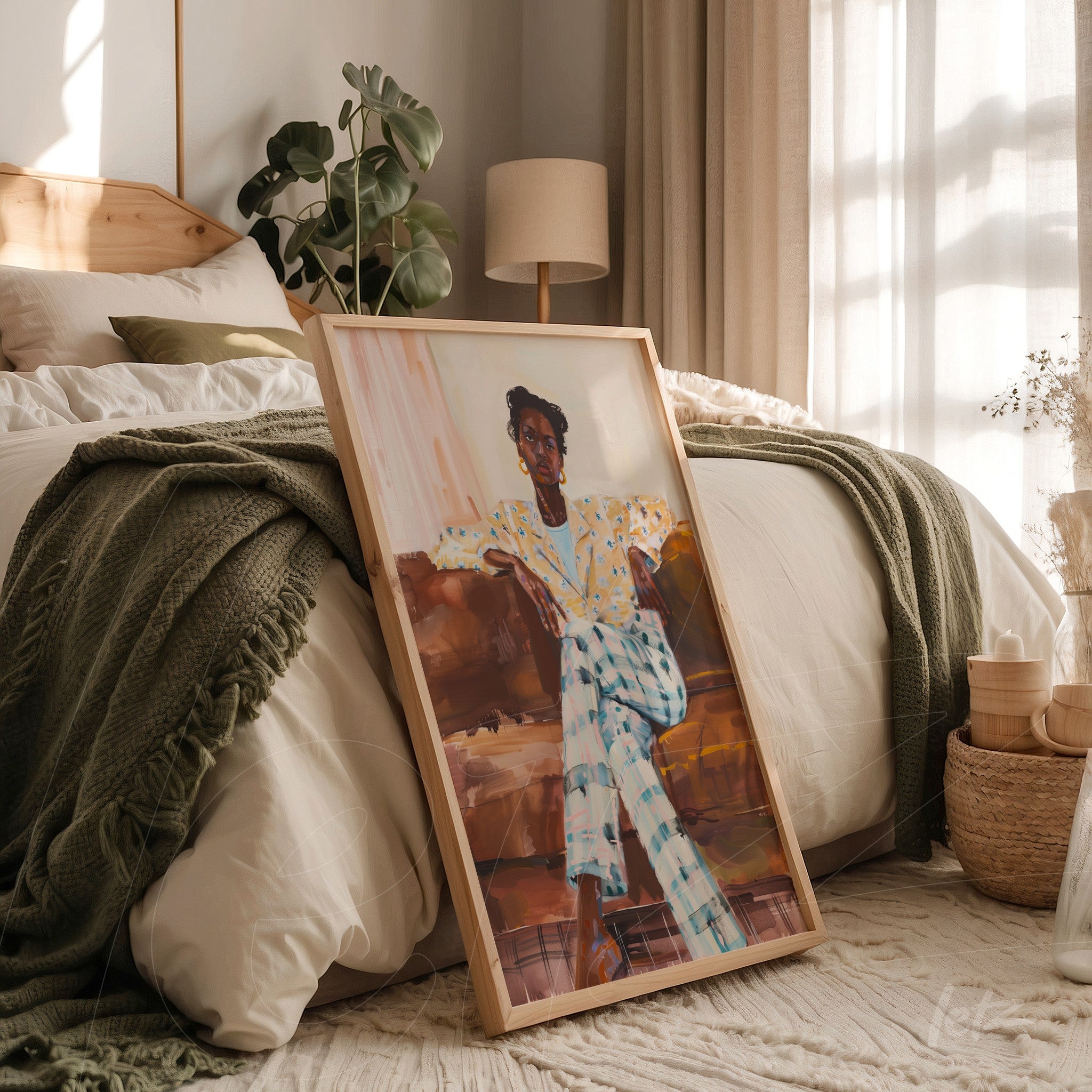quadro com retrato contemporâneo de mulher sentada em moldura clara, apoiado no chão de quarto com cama e decoração minimalista