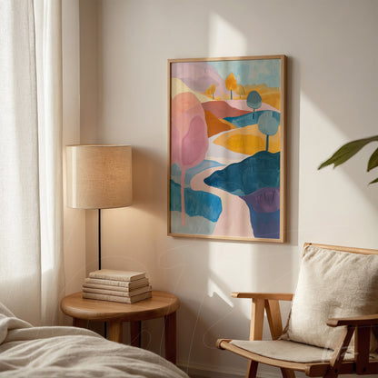 quadro com arte abstrata em moldura clara, retratando paisagem com colinas e árvores em tons de rosa, azul e amarelo, exposto em parede clara ao lado de uma mesa de madeira