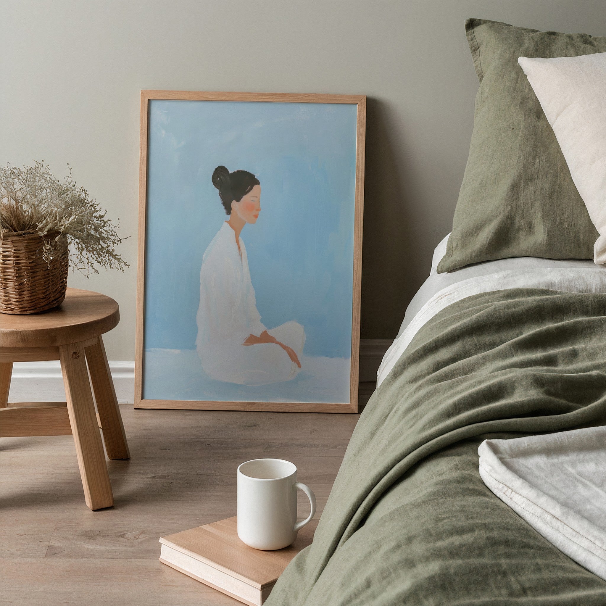 quadro com arte minimalista retratando uma mulher sentada em azul claro com moldura de madeira clara apoiado ao lado de uma cama