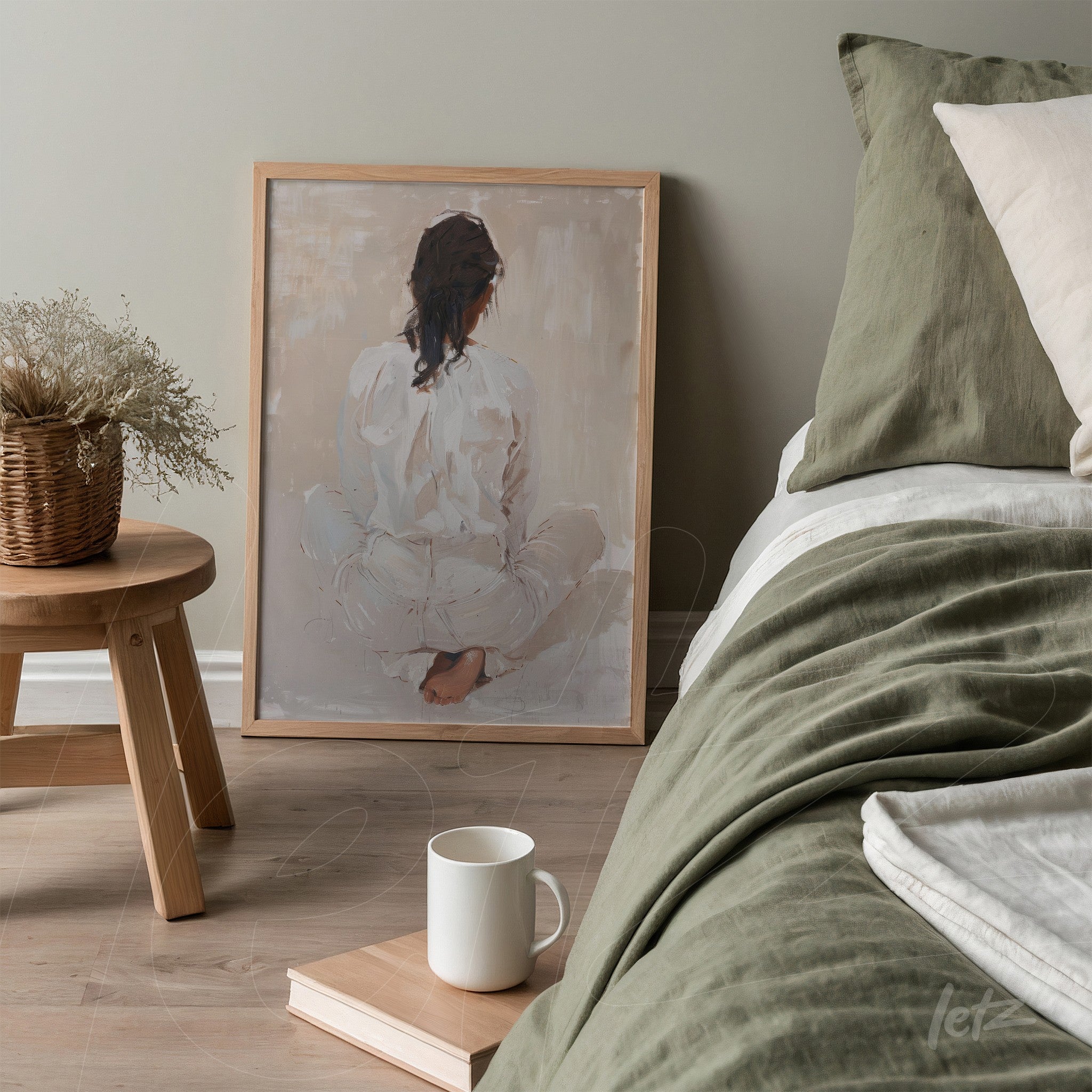 quadro com arte minimalista de silhueta feminina sentada em fundo neutro, exibido ao lado de cama com roupa de cama verde