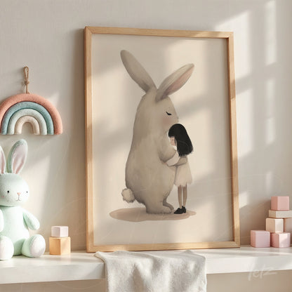 quadro com ilustração de uma menina segurando um grande coelho branco em moldura de madeira clara, exposto sobre prateleira com objetos decorativos
