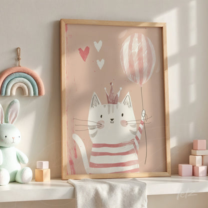 quadro decorativo de gato fofo com balão em moldura de madeira clara, exibido sobre prateleira em ambiente pastel