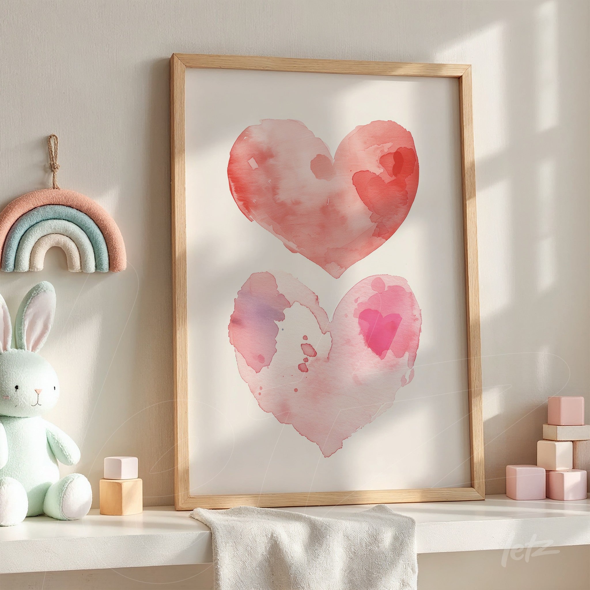 quadro decorativo com ilustrações em aquarela de corações em tons de rosa e vermelho, em moldura de madeira clara, exposto sobre móvel ao lado de brinquedos infantis