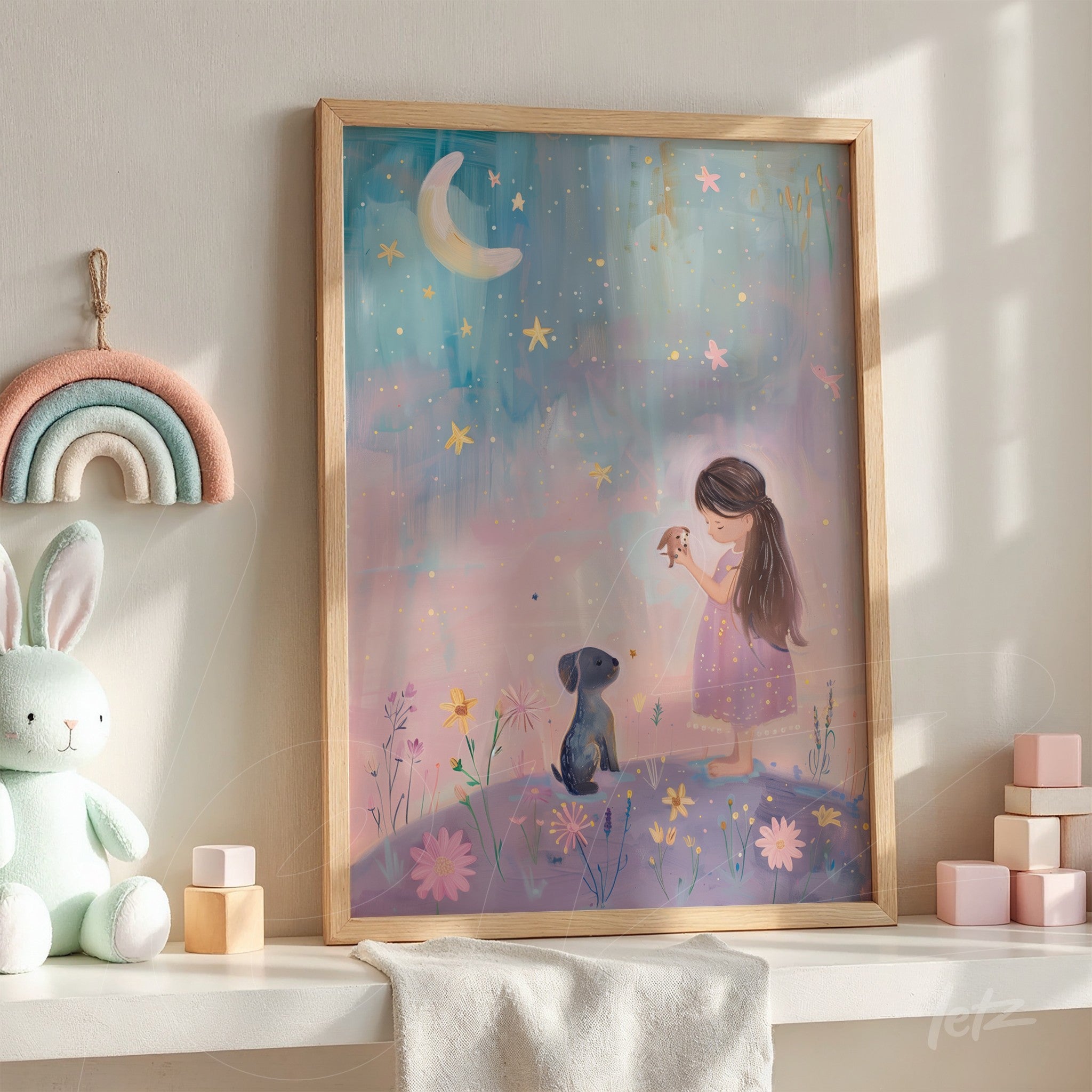 quadro com ilustração infantil de menina segurando uma flor ao lado de um cachorro em frente a um céu estrelado, moldura de madeira clara