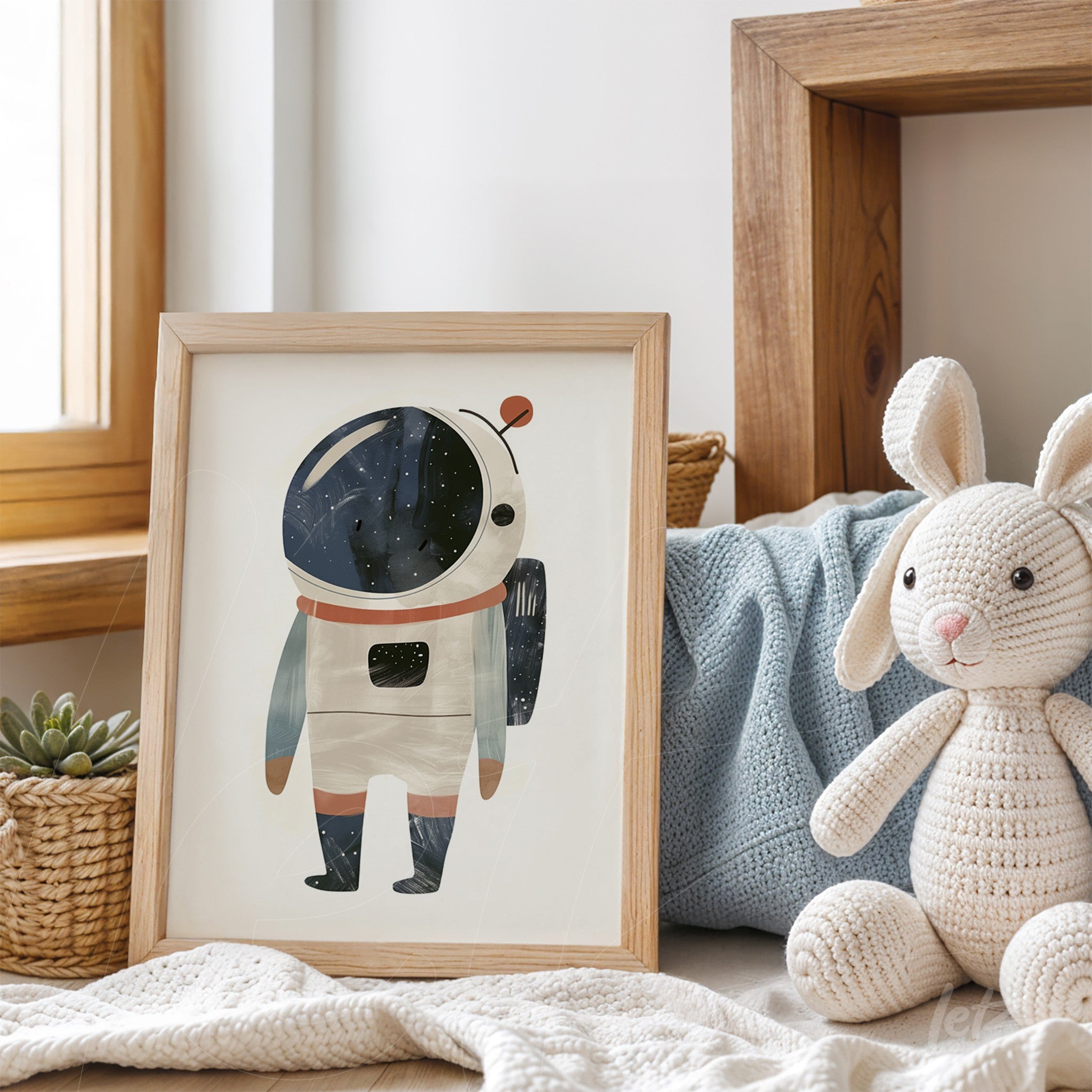 quadro com ilustração de astronauta em moldura de madeira clara sobre prateleira