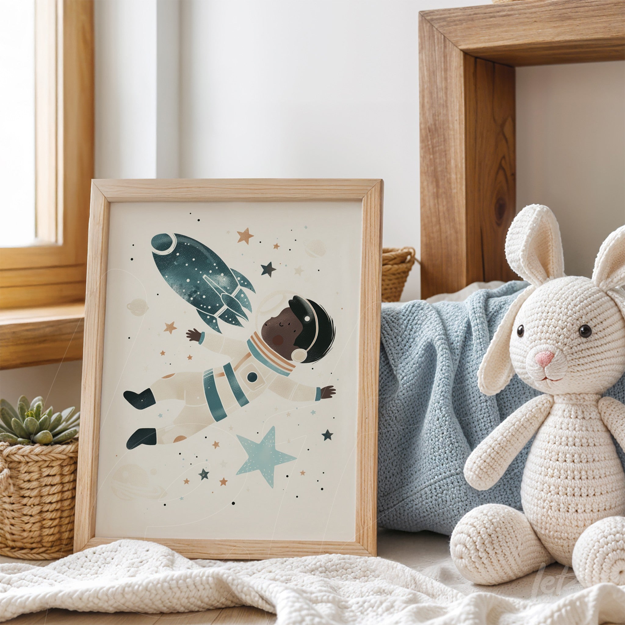 quadro em moldura de madeira clara com ilustração de astronauta negro flutuando no espaço, cercado por estrelas e um foguete, apresentado em ambiente com decoração de pelúcia