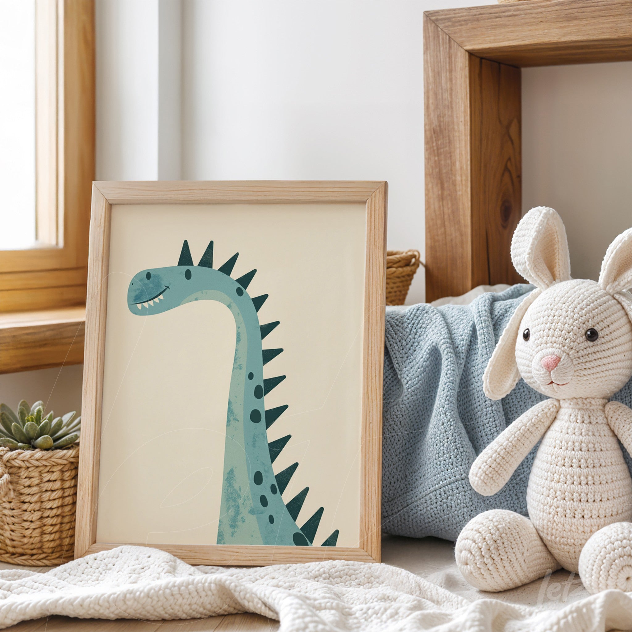 quadro com arte de dinossauro em moldura de madeira clara, apoiado sobre sofá com almofadas