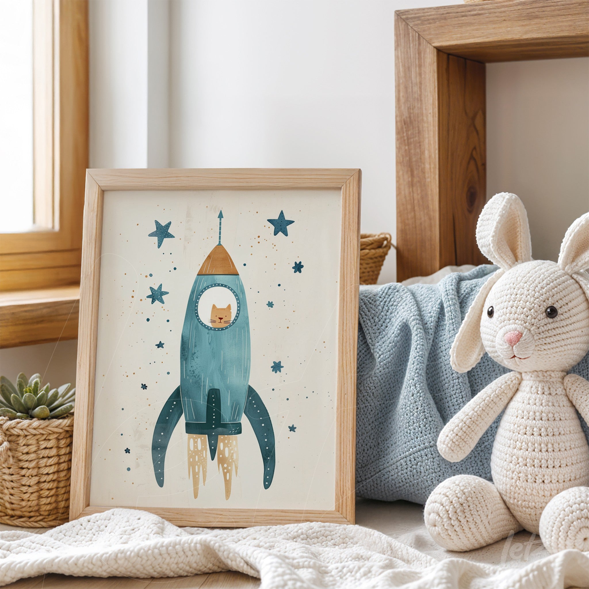 quadro com ilustração de foguete azul com gato dentro, moldura de madeira clara, exibido sobre mesa ao lado de boneco de pelúcia e manta