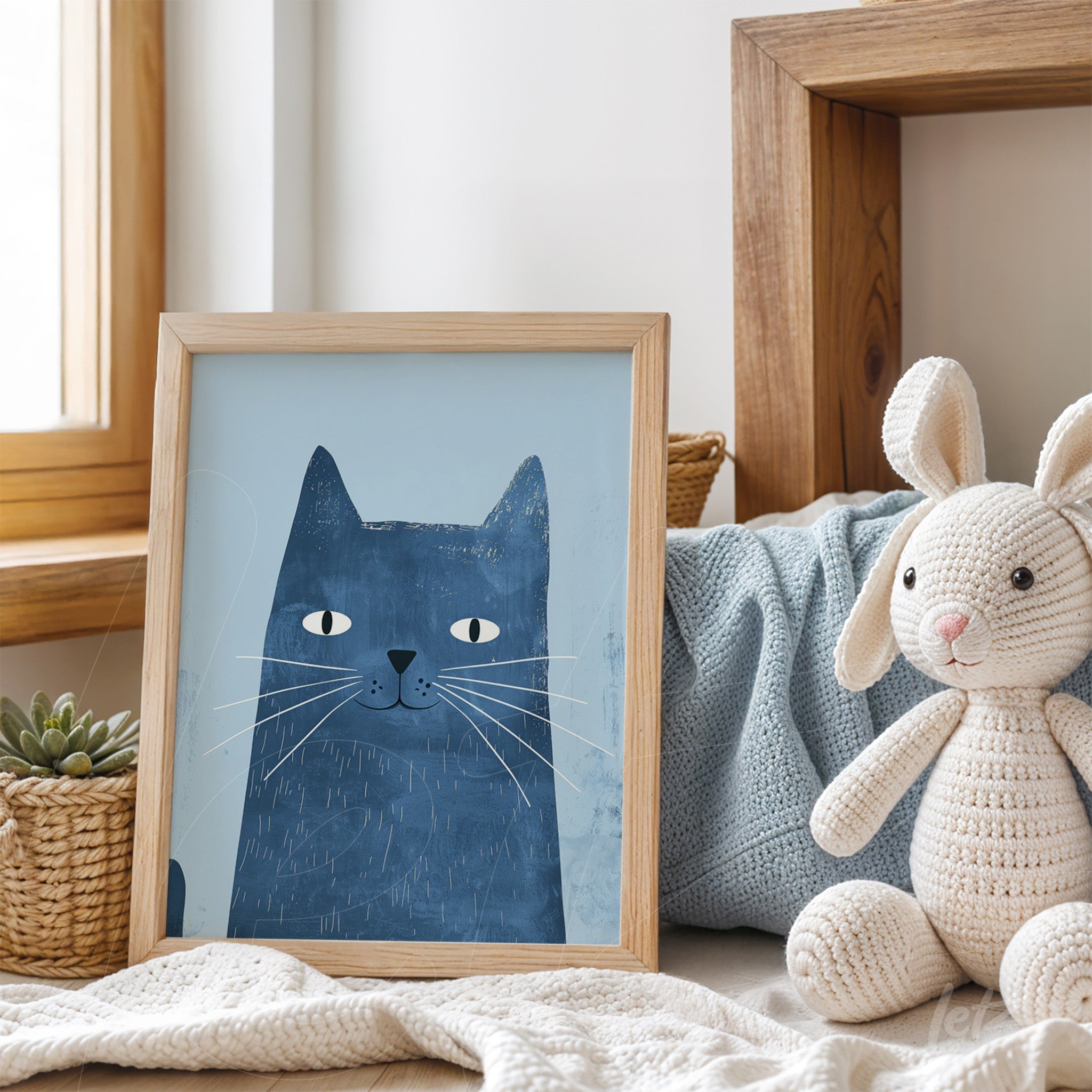 quadro com ilustração de gato azul em moldura de madeira clara, apoiado em sofá com almofadas e brinquedos de pelúcia