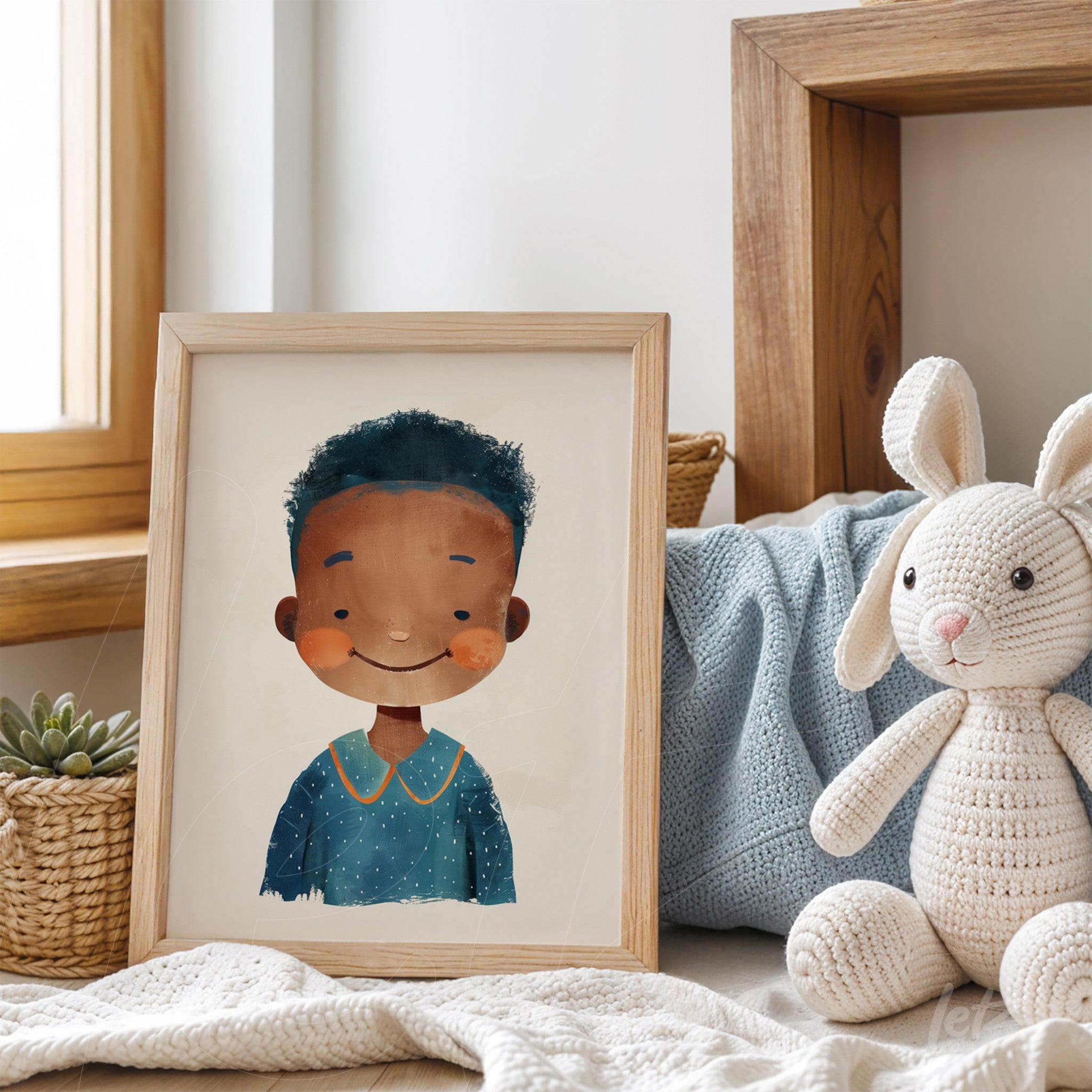 quadro com ilustração de menino sorridente usando pijama azul, em moldura de madeira clara sobre mesa com brinquedo de pelúcia