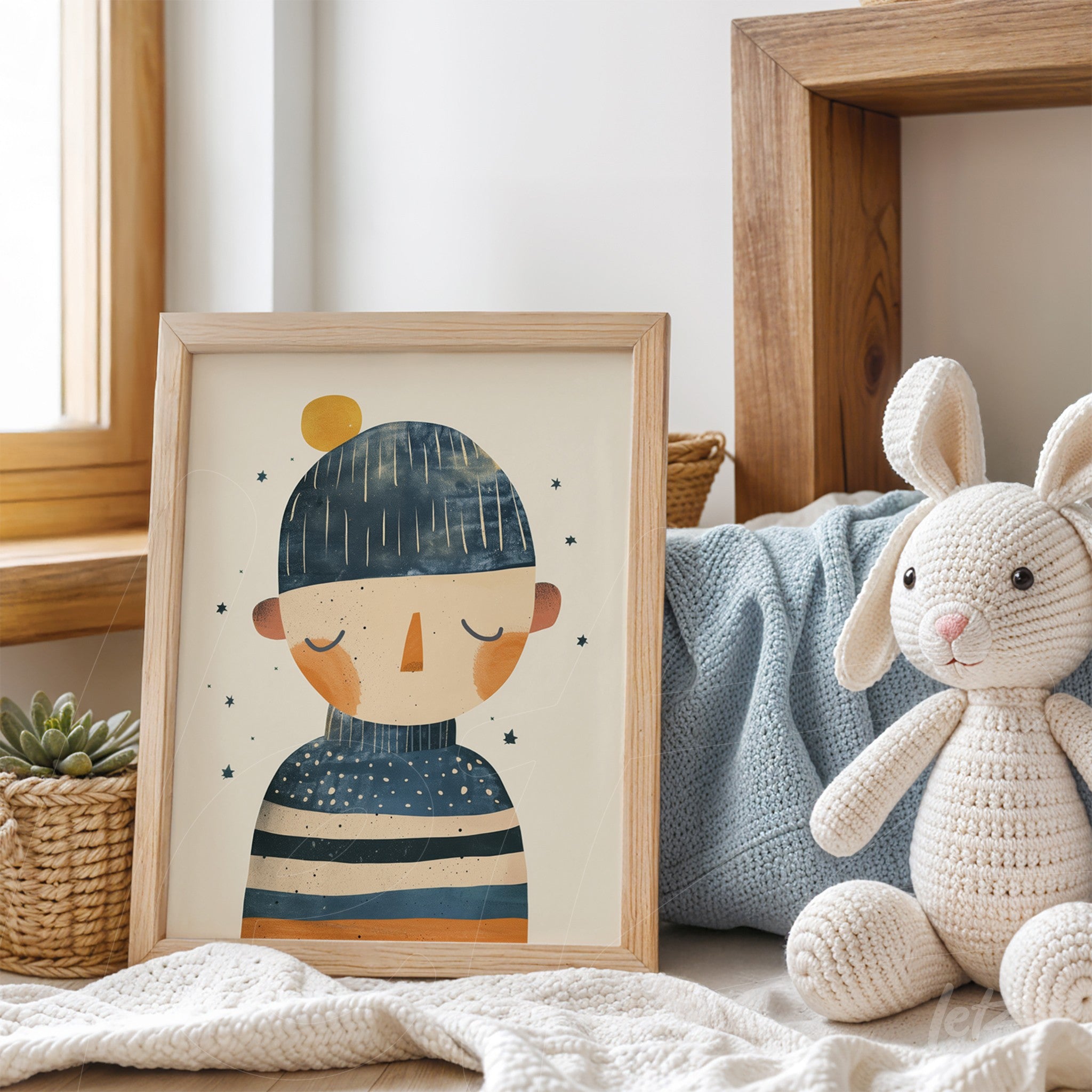quadro com ilustração de personagem infantil usando um gorro listrado, em moldura de madeira clara, decorado com estrelas no fundo