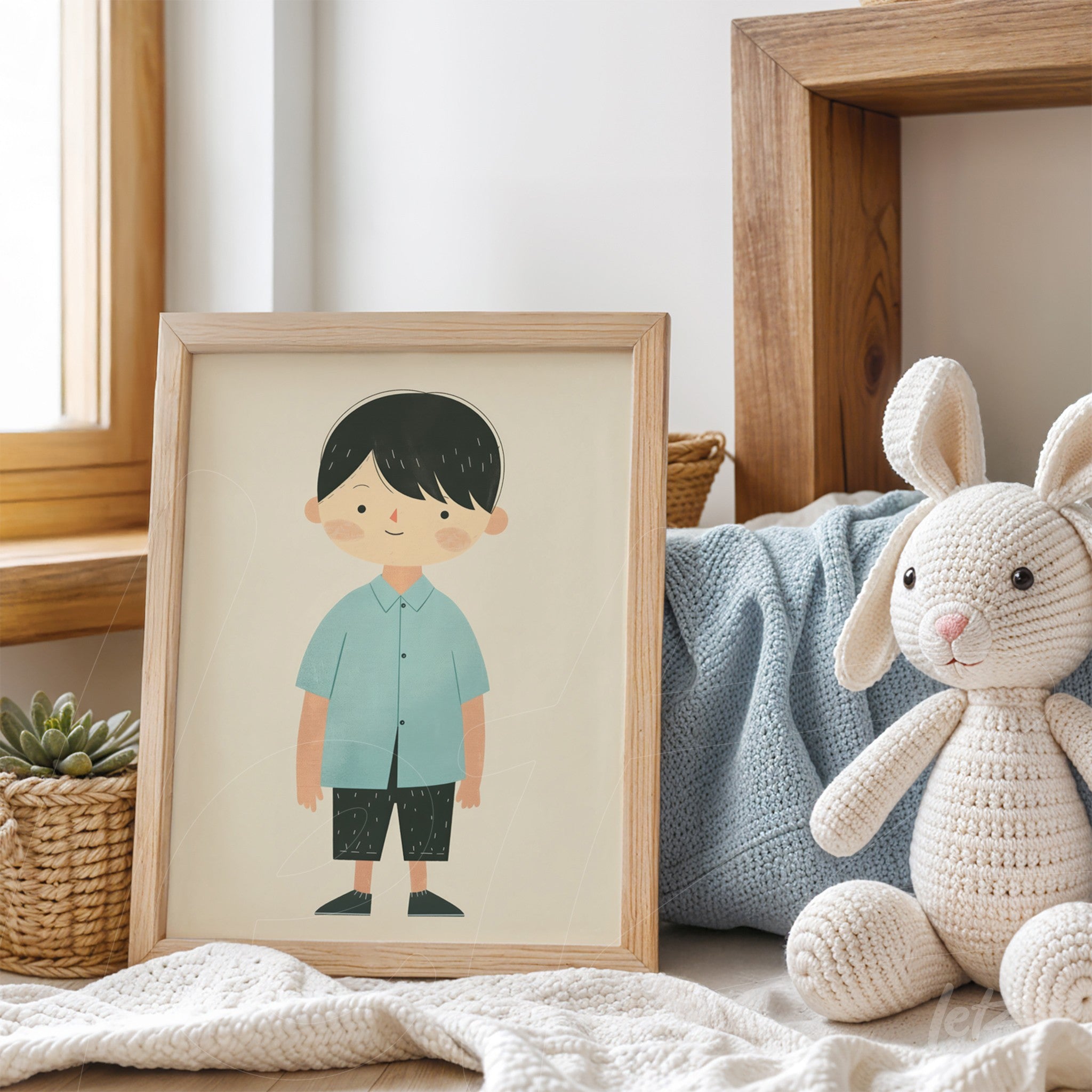 quadro com ilustração de menino com camisa azul e calças escuras em moldura de madeira clara, exposto em ambiente com sofá azul e brinquedo de pelúcia