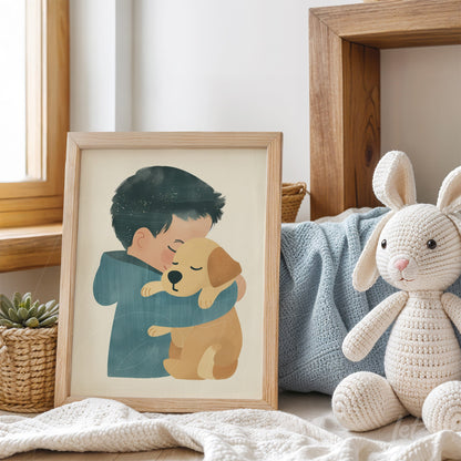 quadro com ilustração de menino abraçando um cachorro em moldura de madeira clara