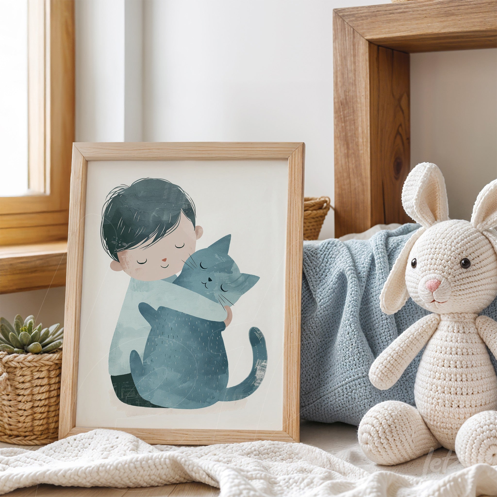 quadro com ilustração de menino abraçando um gato azul em moldura de madeira clara