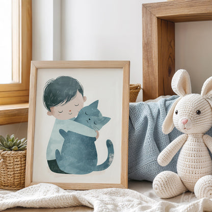 quadro com ilustração de menino abraçando um gato azul em moldura de madeira clara