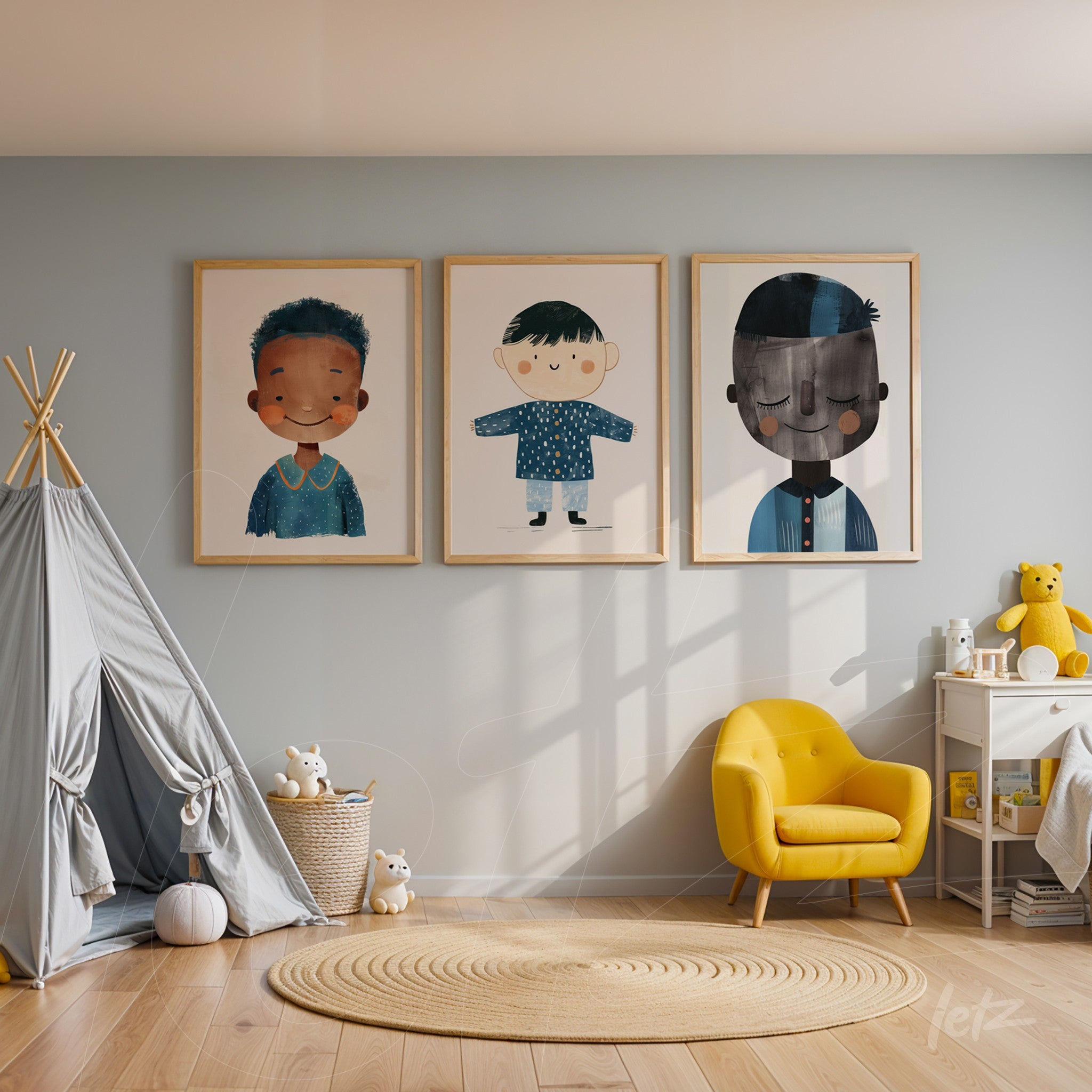 composição de três quadros decorativos com ilustrações de crianças em molduras de madeira clara sobre parede azul, com um canto infantil decorado com uma poltrona amarela