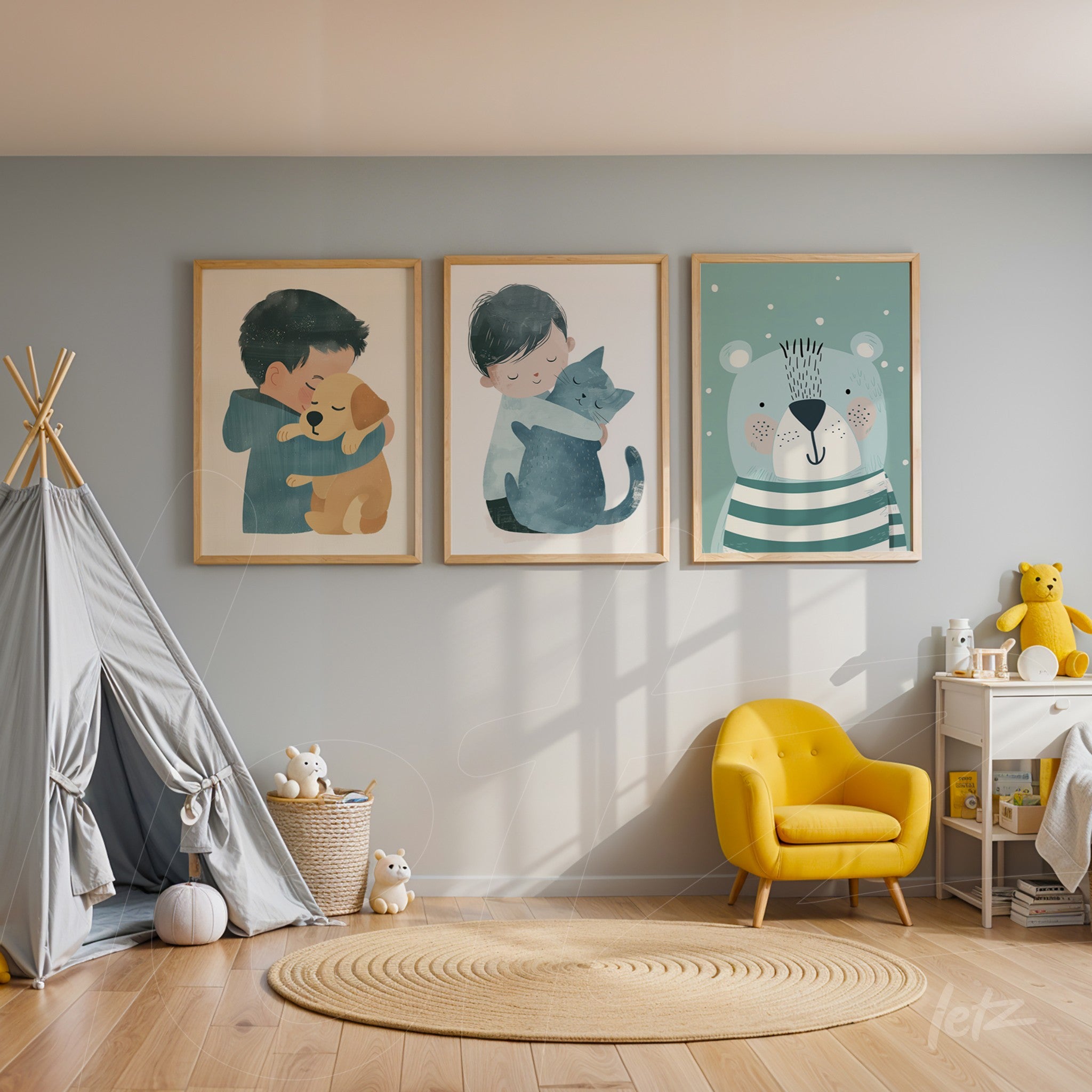 composição de três quadros em moldura de madeira clara, com ilustrações infantis de crianças com animais de estimação, exibidos em quarto infantil com decoração suave