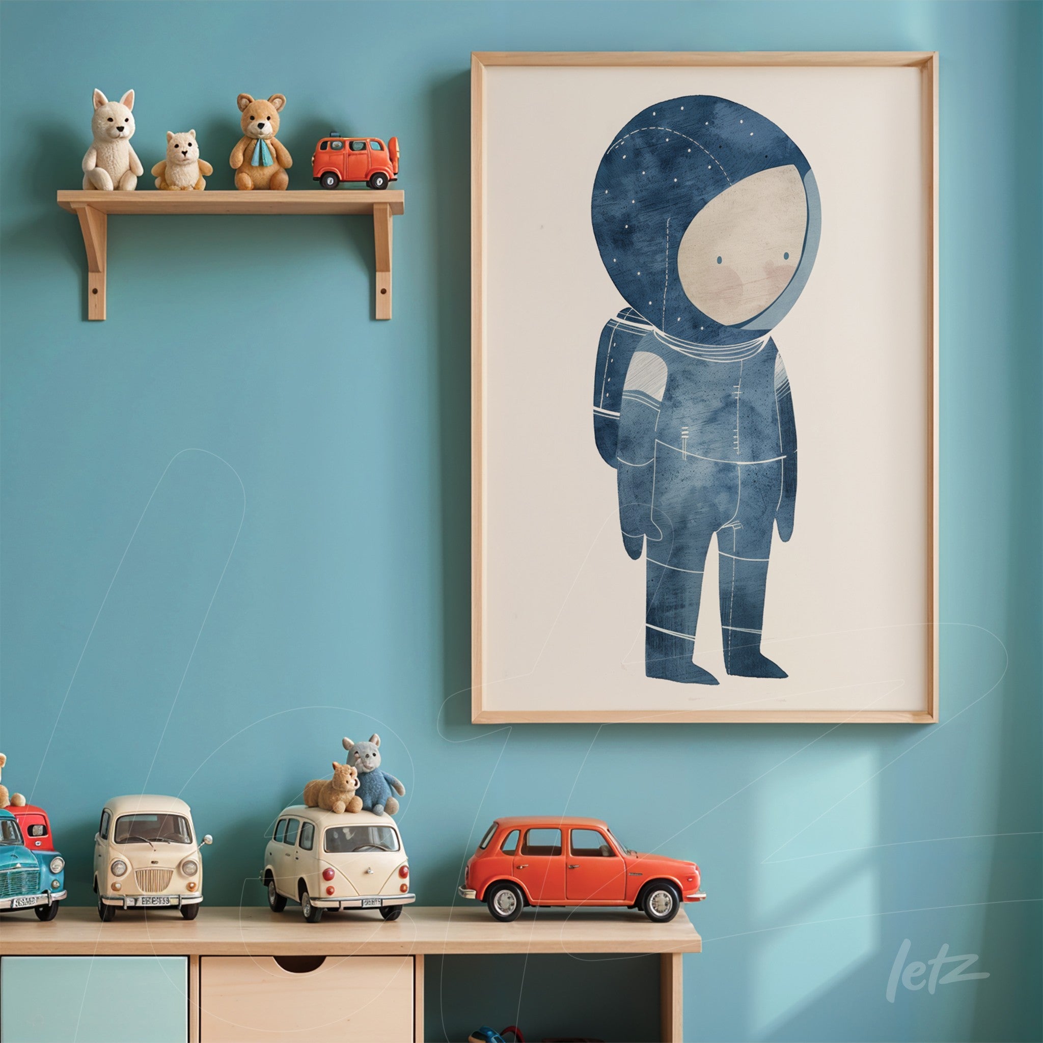quadro com ilustração de astronauta em moldura clara sobre parede azul, com prateleira de brinquedos acima