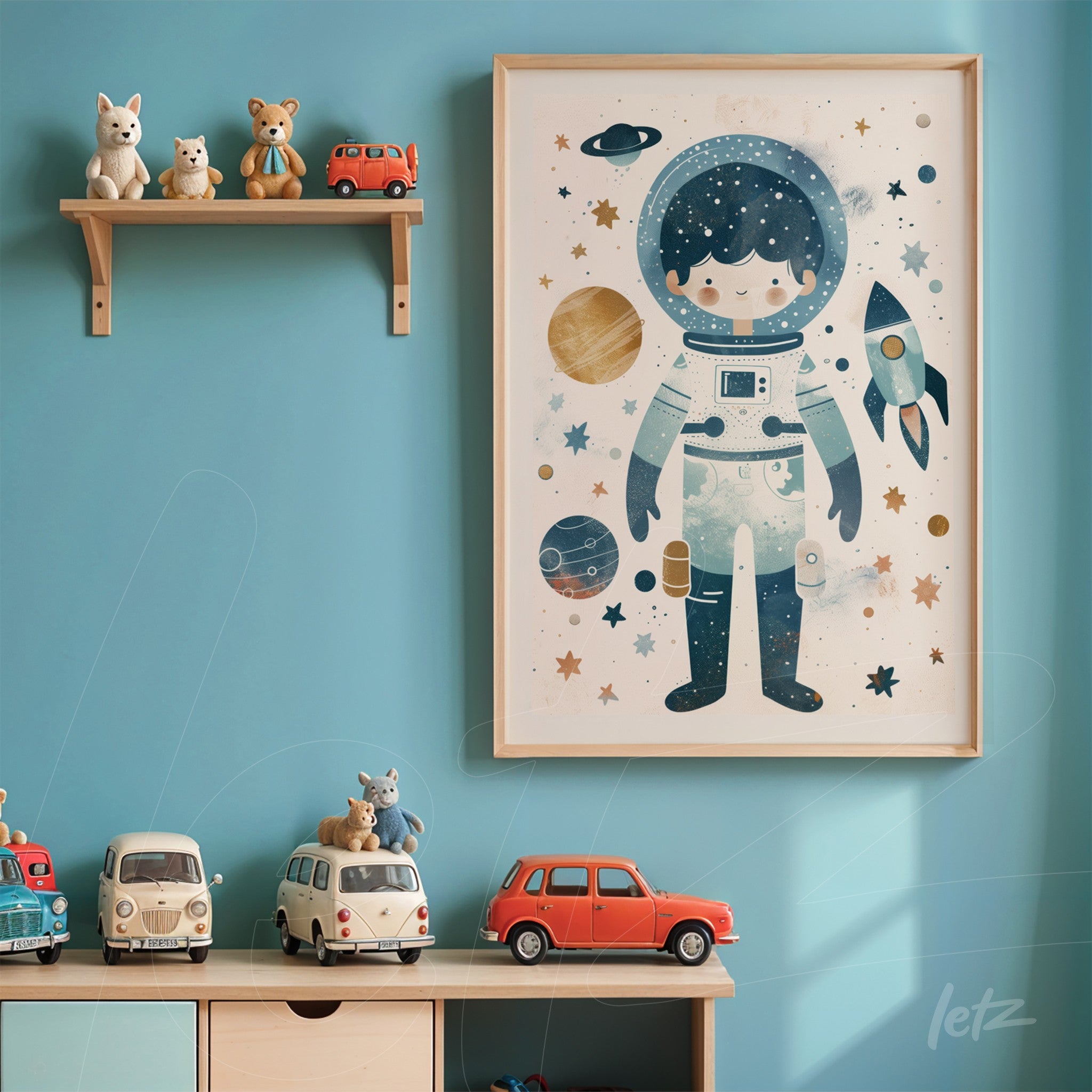 quadro com ilustração infantil de astronauta rodeado por planetas e estrelas em moldura clara